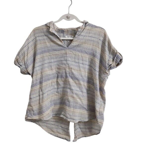 Madewell‎ Top Medium Crinkle Hayden Popover Striped Shirt Blue Tan  Blouse - Picture 1 of 9